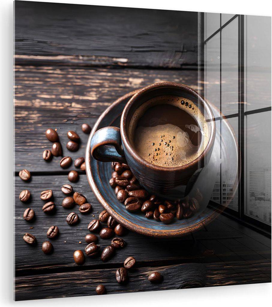 MuchoWow Glasbilder - Bilder auf Wandbild - Foto auf Glas Tasse - Kaffee - Holz - Bohnen 50x50 cm Wanddekoration aus Glas - Acrylglasbild - Acrylbi...