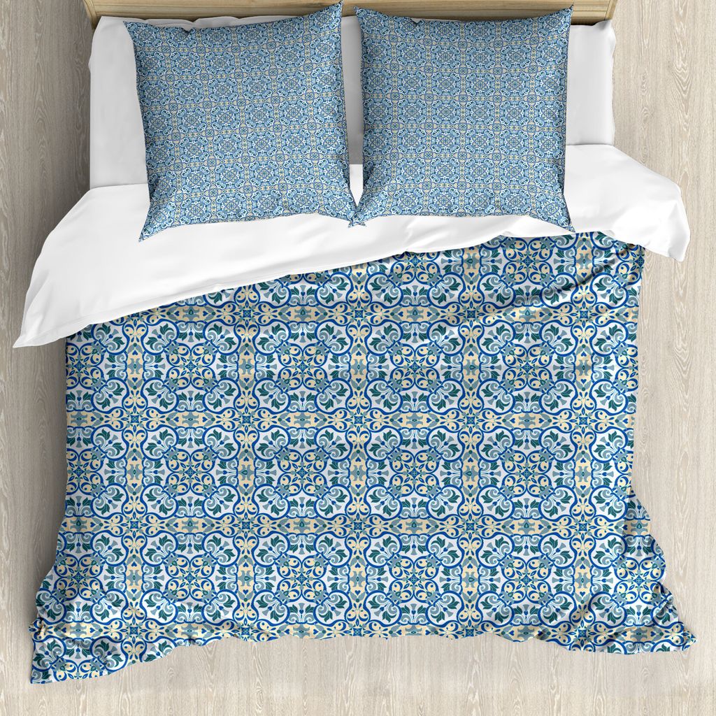 ABAKUHAUS Blumen Bettbezugs Set Für Doppelbetten, Curvy Circular Handfliese, Milbensicher Allergiker geeignet mit Kissenbezügen, Babyblau Grün Blau