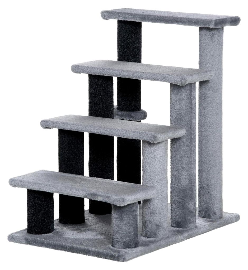 Katzentreppe mit 4 Stufen, Spielball und Juteseil für ältere Katzen und kleine Hunde, weicher Plüschbezug, 60x40x64 cm für Sofa, Bett, Reisen u...