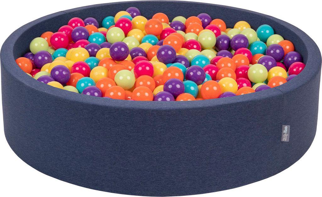 KiddyMoon Bällebad Kinder Rund 120x30cm 600 Bunte Bälle ∅7cm - Baby Spielzeug ab 8 Monate - Plastikbälle für Bällebad Baby Zimmer - Dunkelgrau