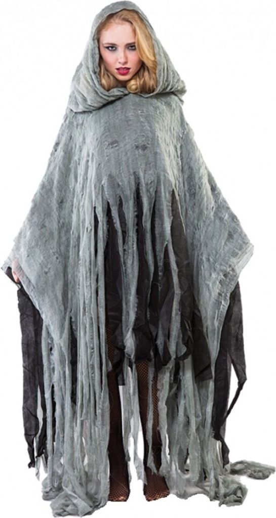 Halloween Kostüm Poncho Zombie für Erwachsene Gr. M-L grau Unisex Fasching Karneval Mottoparty Grusel-Outfit Geist Unisex-Kostüm