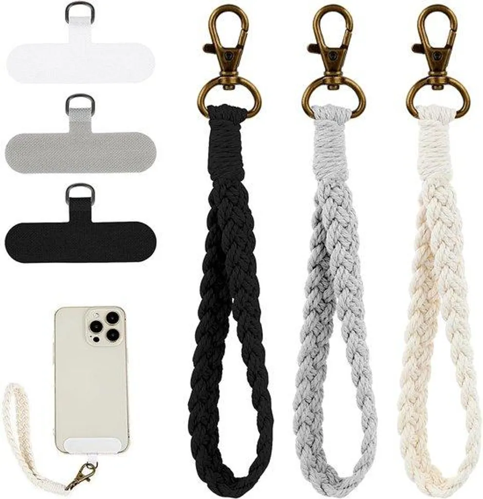 Porte-clés macramé noir gris blanc anti-perte avec triple attache