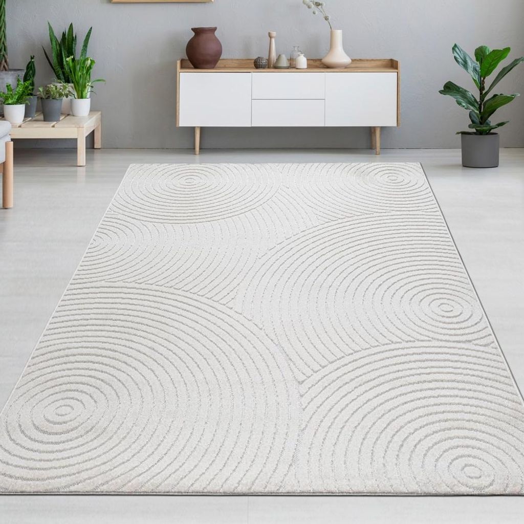 Teppich Outdoor wetterfest mit Kreismuster – flach gewebt in Creme Größe - 240 x 340 cm