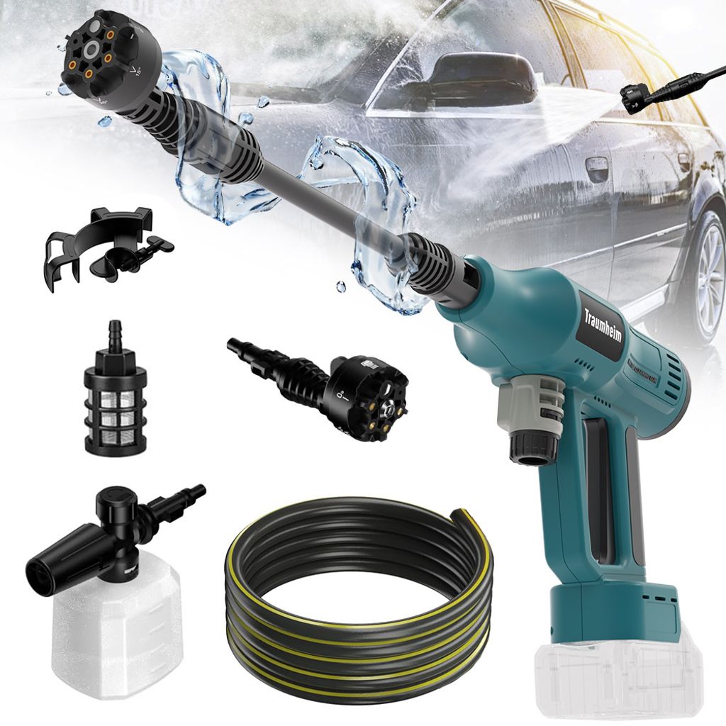 A collection of accessories for a portable cordless pressure washer, including different nozzles, a foam cannon, a hose, and a clip, with a car being washed in the background.