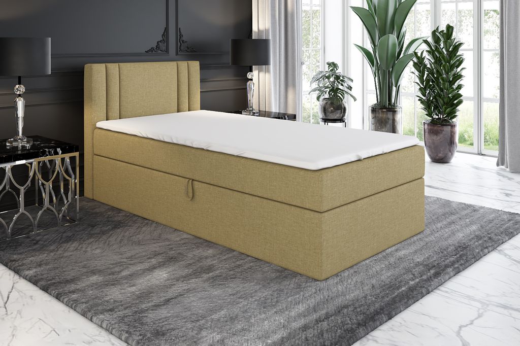 Boxspringbett, Jugendbett GAMAL 80x200 (Links) mit Bettkästen, Bonell-Matratze und Topper. Farbe: Hellbraun