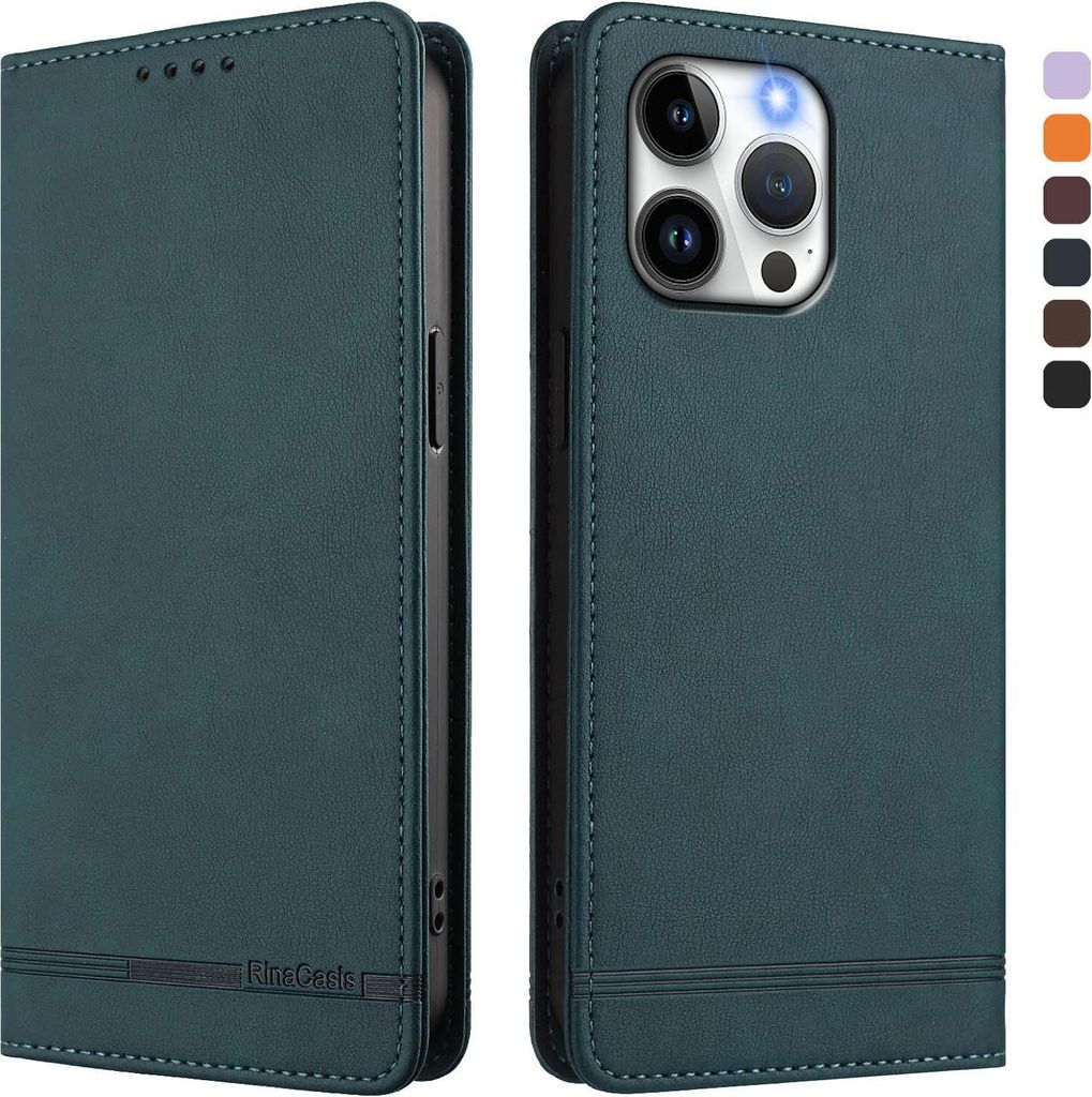 Hülle für iPhone 15 Pro Max, Retro Kunstleder Ständer Klapphülle mit Kartenfächer und Magnetische Grün