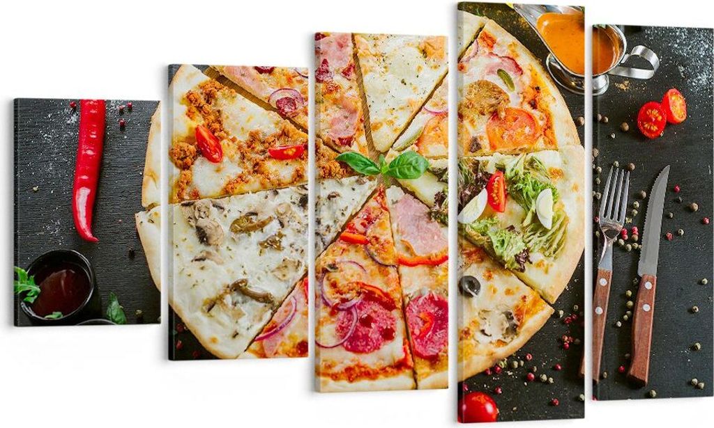 Bild auf Leinwand - Leinwandbild - Pizza Käse Tomaten - 100x60cm - Wand Bild - Wanddeko - Leinwanddruck - Bilder - Kunstdruck - Wanddekoration - L...