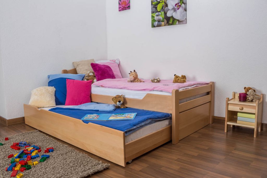 Kinderzimmer-Bett 90 x 200 cm | Massivholz: Buche | Natur Lackiert | inkl. 2. Liegeplatz 90 x 190 cm ausziehbar und 2 Rollrost