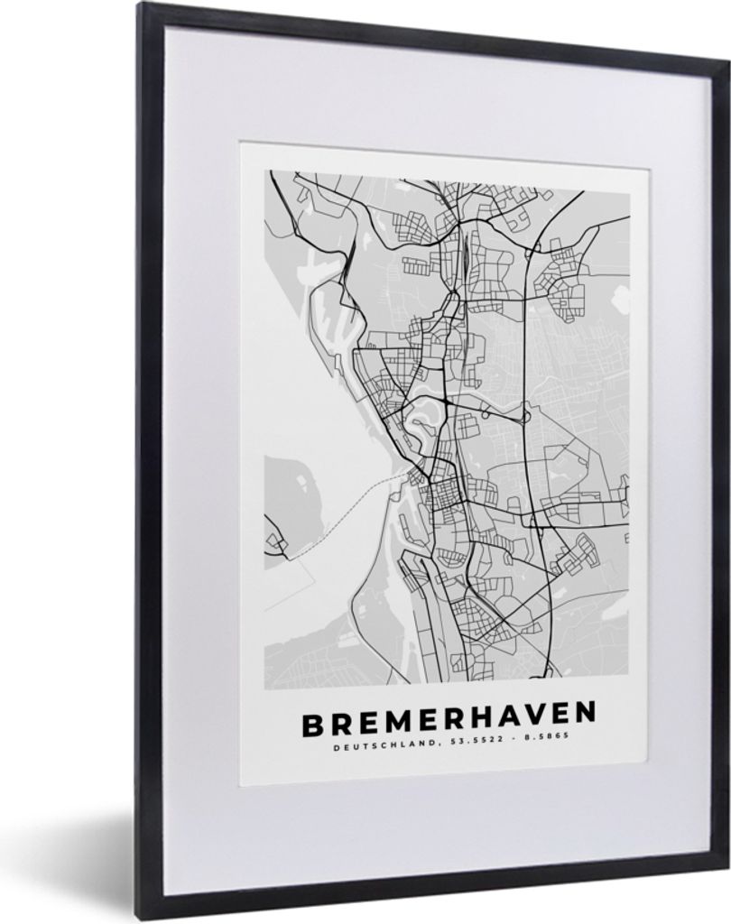 MuchoWow Gerahmtes Poster Deutschland - Karte - Bremerhaven - Karte - Stadtplan 30x40 cm - Poster mit Schwarzem Bilderrahmen Wandposter Rahmen Fo...