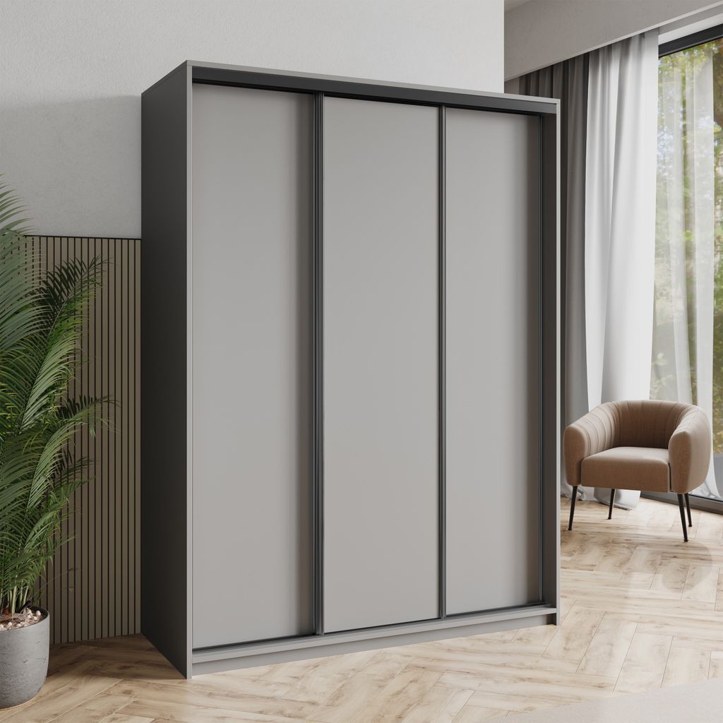 Masseno Schiebetürenschrank NISSE 150/205/60 cm Kleiderschrank mit Schubladen Schlafzimmer Schrank 3-türig Graphitfarben + Schwarz