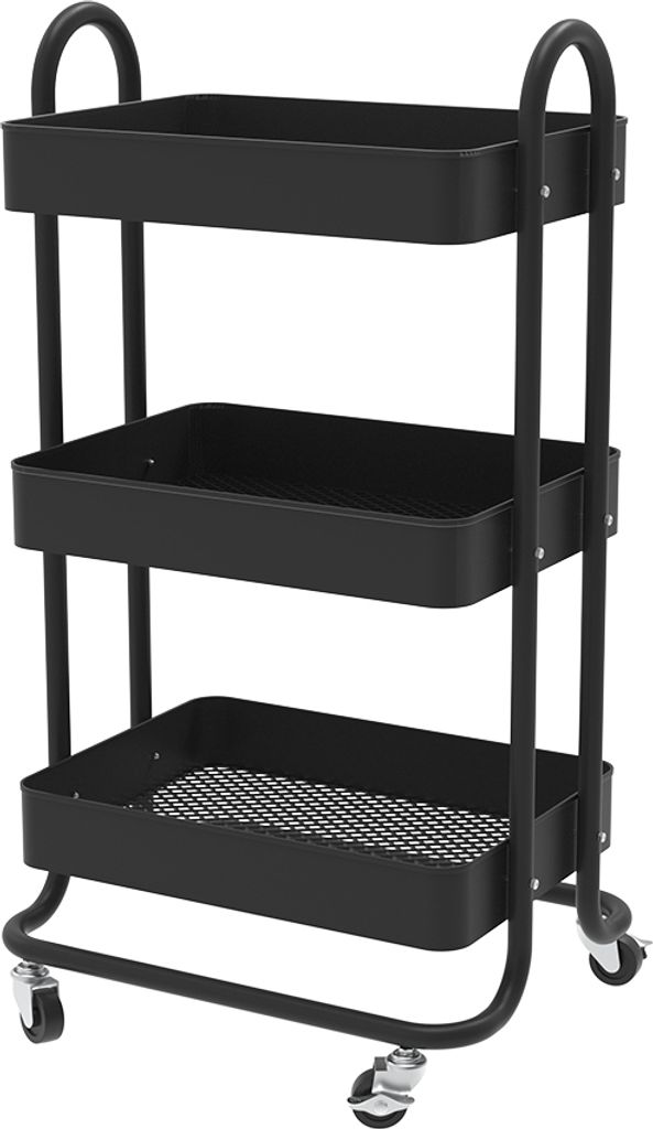 A black three-tiered rolling cart is shown against a white background.