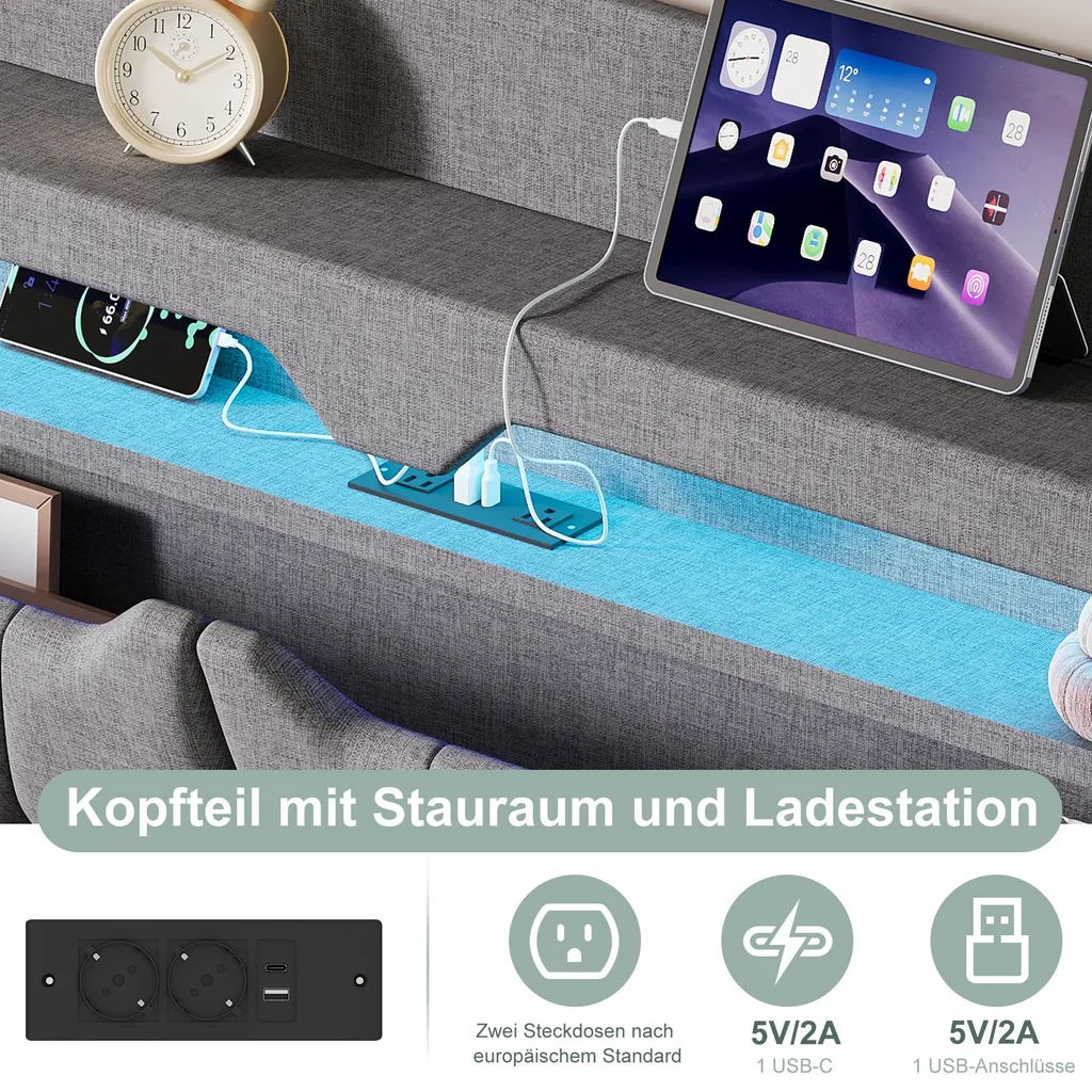 Lit adolescent 140x190 avec LED et prises de charge USB intégrées
