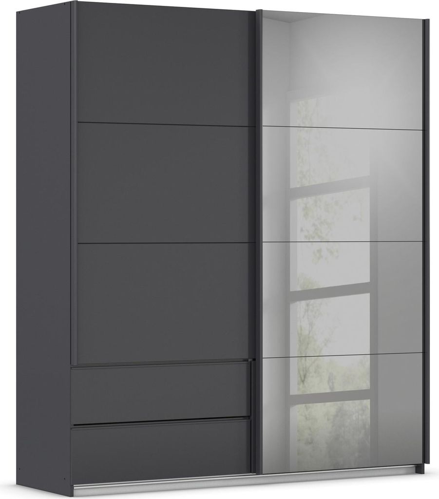 Schwebetürenschrank >Elara< in grau metallic / Grauspiegel - 181x210x62 (BxHxT)