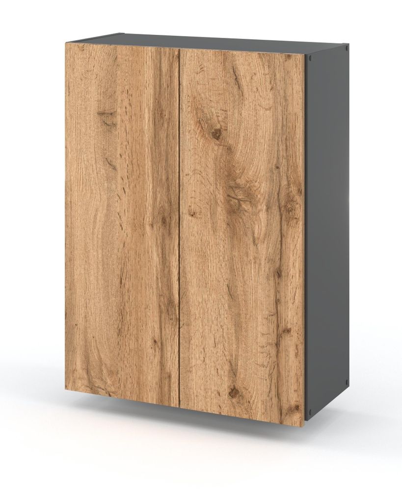 A product shot of a cabinet with wooden doors and a gray body, isolated on a white background.