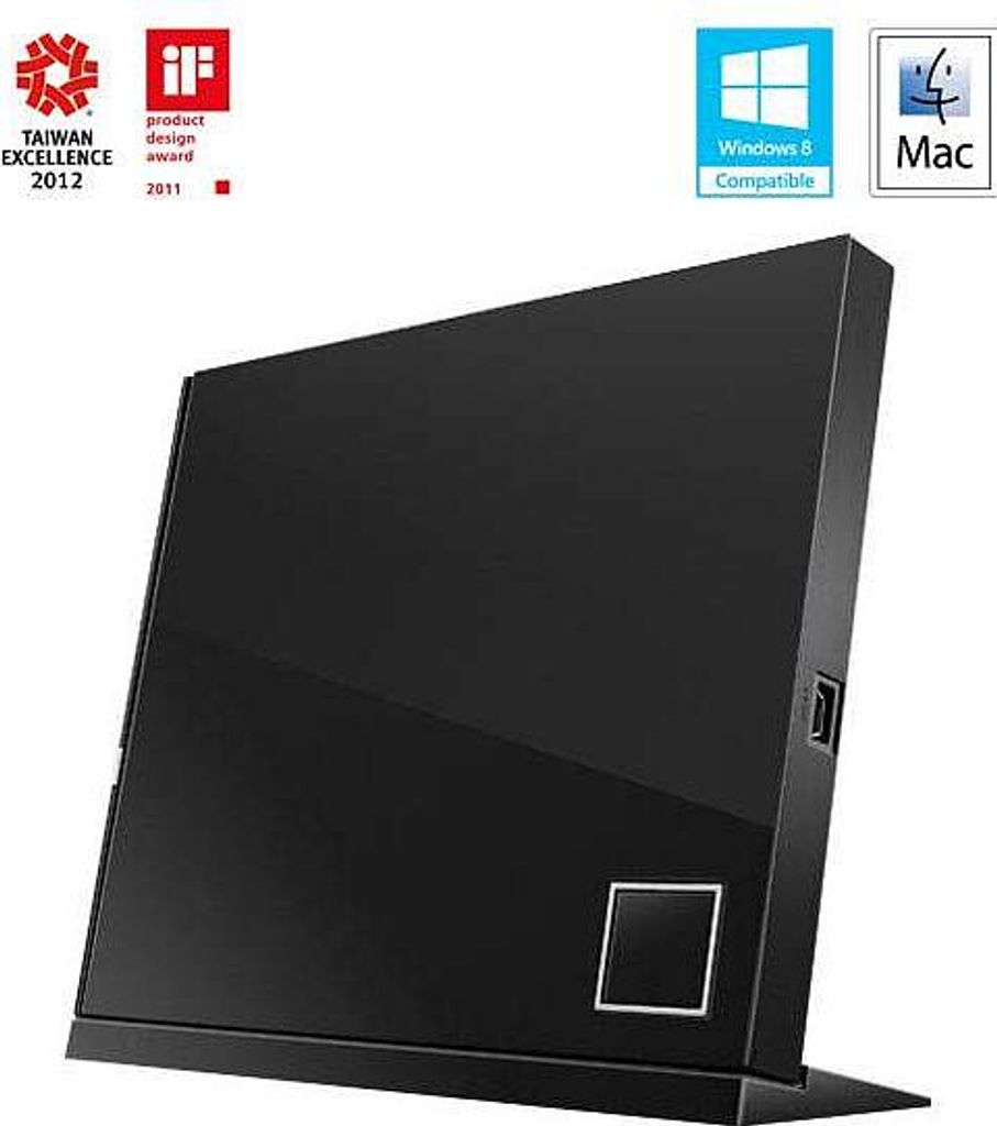 A black external optical drive is shown standing upright on a white background. There are several award logos and compatibility icons at the top of the image.