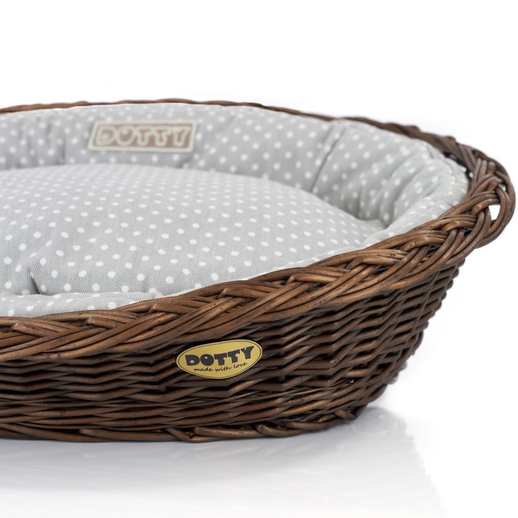 Handgebeizter brauner Weidenkorb Wikikorb mit Baumwoll-Hundebett Grau mit weißen Punkten Polka Dots, Waschbar & Weich DOTTY