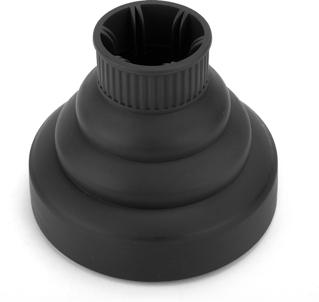 A black hair dryer diffuser attachment is shown against a white background.