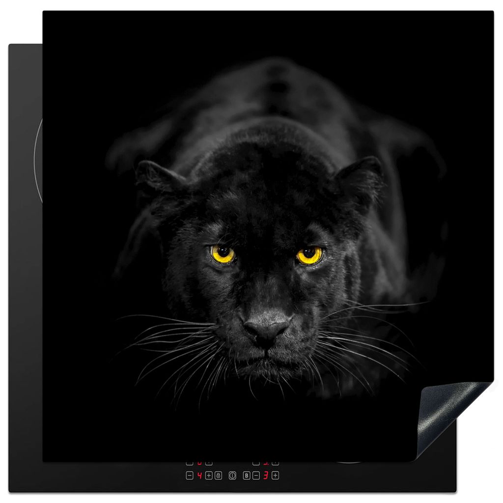 KitchenYeah Herdabdeckplatte Panther - Schwarz - Gelb , 78x78cm, Küche Deko, Glaskeramikkochfeld Herdabdeckung, Abdeckplatte fùr Kochfeld