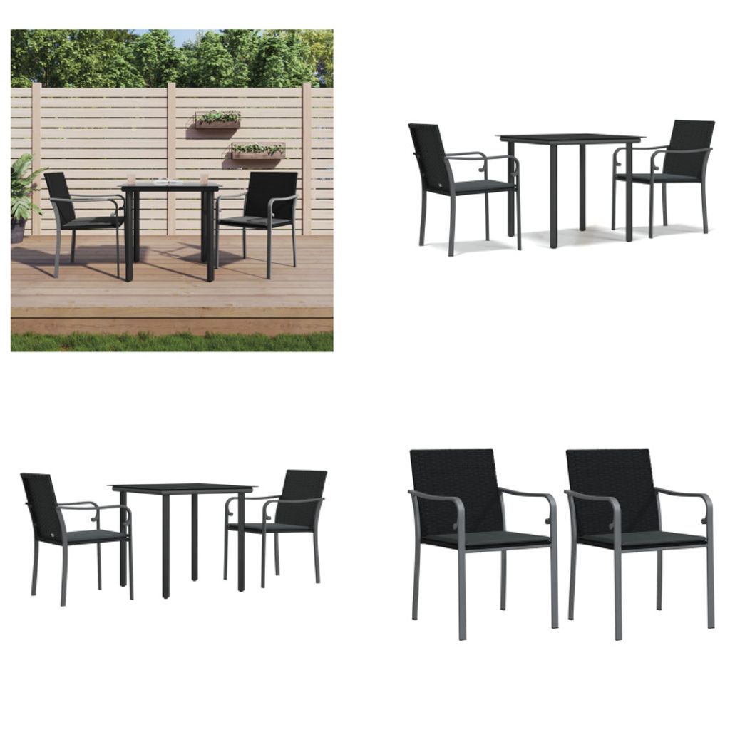 vidaXL 3 tlg. Garten Essgruppe mit Kissen Poly Rattan und Stahl - Garten Essgruppe - Garten Essgruppen - Essgruppe - Outdoor Essgruppe