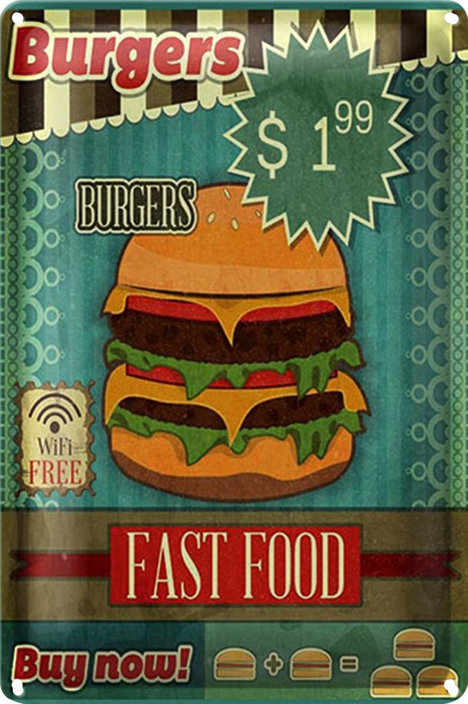 Blechschild Essen 40x30cm fast food Burgers buy now wifi