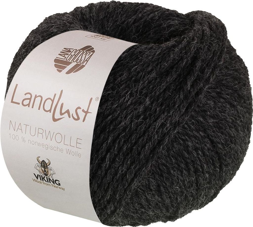 A ball of dark gray wool yarn with a label wrapped around it.