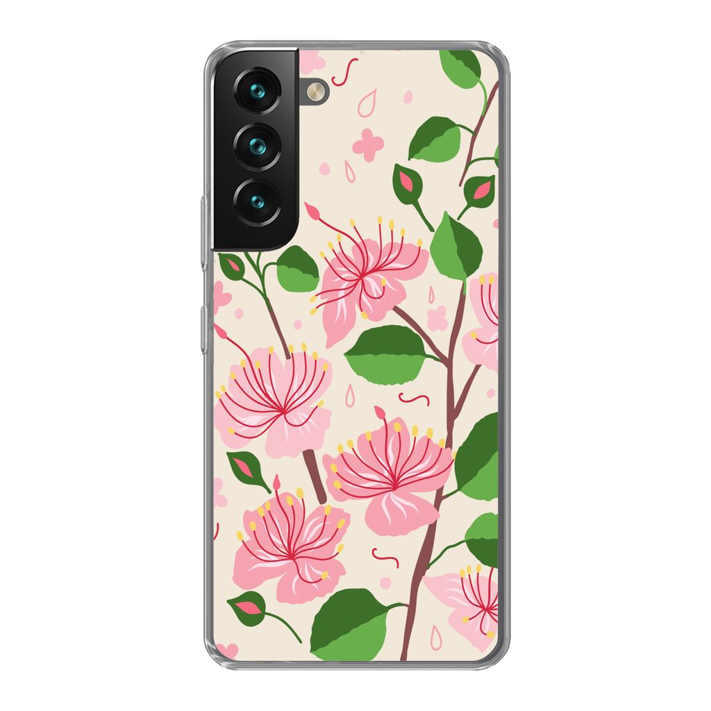 MuchoWow Handyhülle Schutzhülle Hülle für Samsung Galaxy S22 Blume - Rosa - Blatt - Muster Silikon Softcase Handy Hülle - Mobiltelefonhülle
