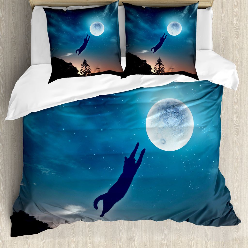 ABAKUHAUS Katze Bettbezug, Cat Catching-Mond-Stern, Milbensicher Allergiker geeignet mit Kissenbezügen, 155 cm x 220 cm - 80 x 80 cm, blau Magenta