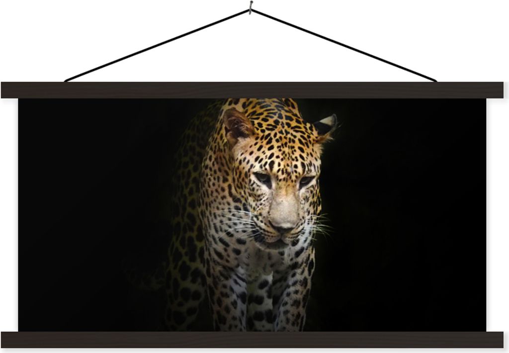 MuchoWow Textilposter Leopard - Reflexion - Schwarz 90x45 cm mit schwarzem Rahmen - Klemmleisten