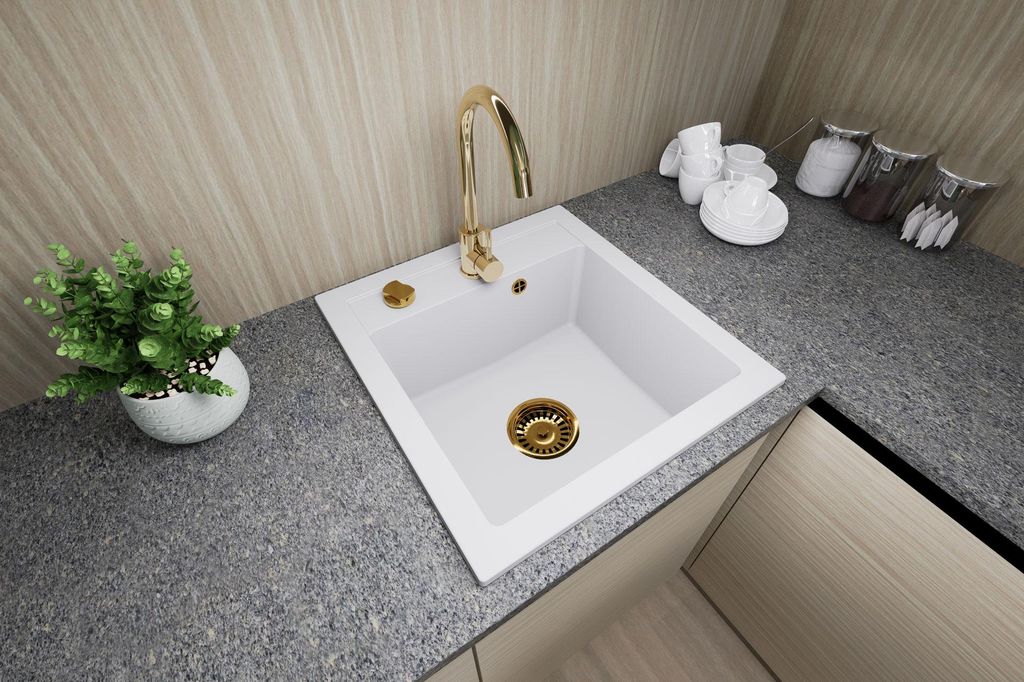 [Granitspüle 48x50 mit Armatur Gold Weiß] Hochwertig Produktbild 