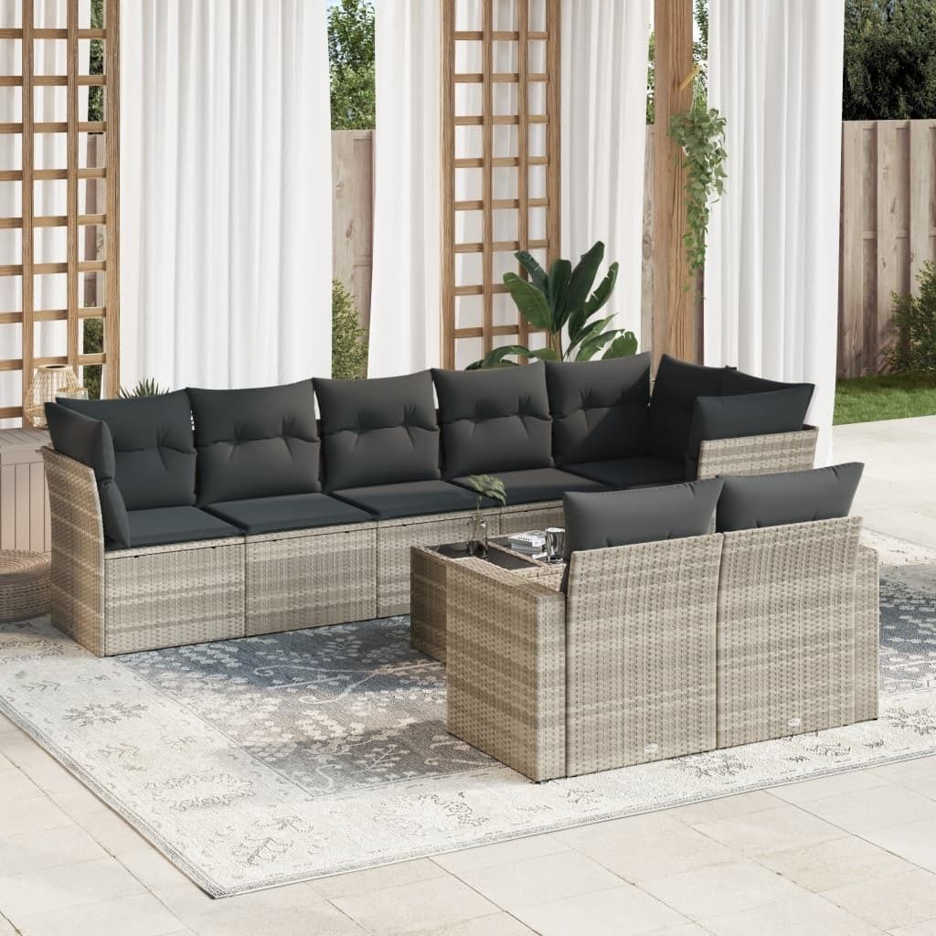 Industrie-Stil 9-tlg. Garten-Sofagarnitur Sofa Set mit Kissen Hellgrau Poly Rattan Terrassenmöbel2024 cloris