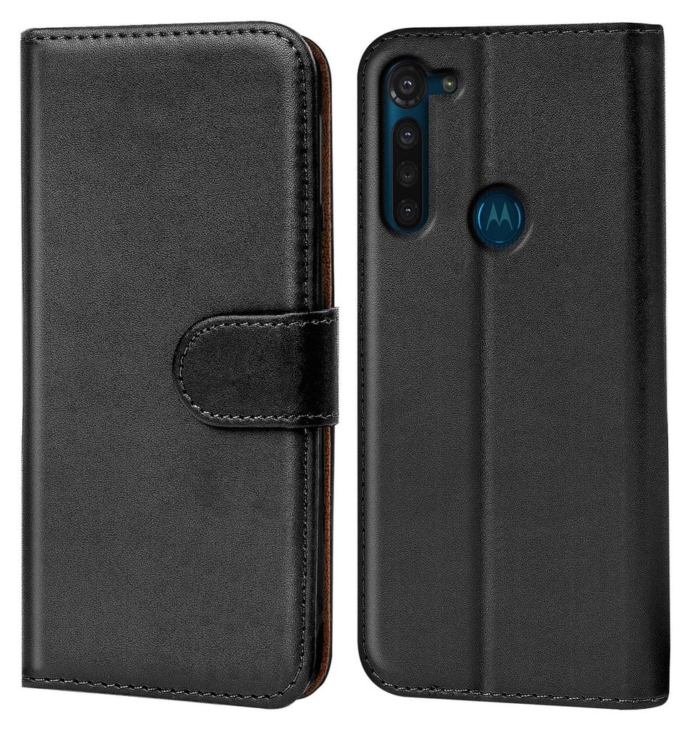 A black flip case for a smartphone is shown from two angles.