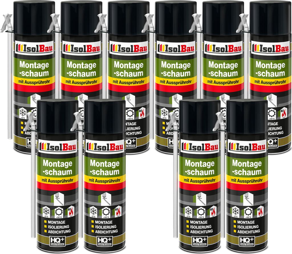 Isolbau 10 x 500 ml Montageschaum mit Aussprührohr - PolyurethanBauschaum für Montage, Isolierung, Abdichtung, Innen & außen