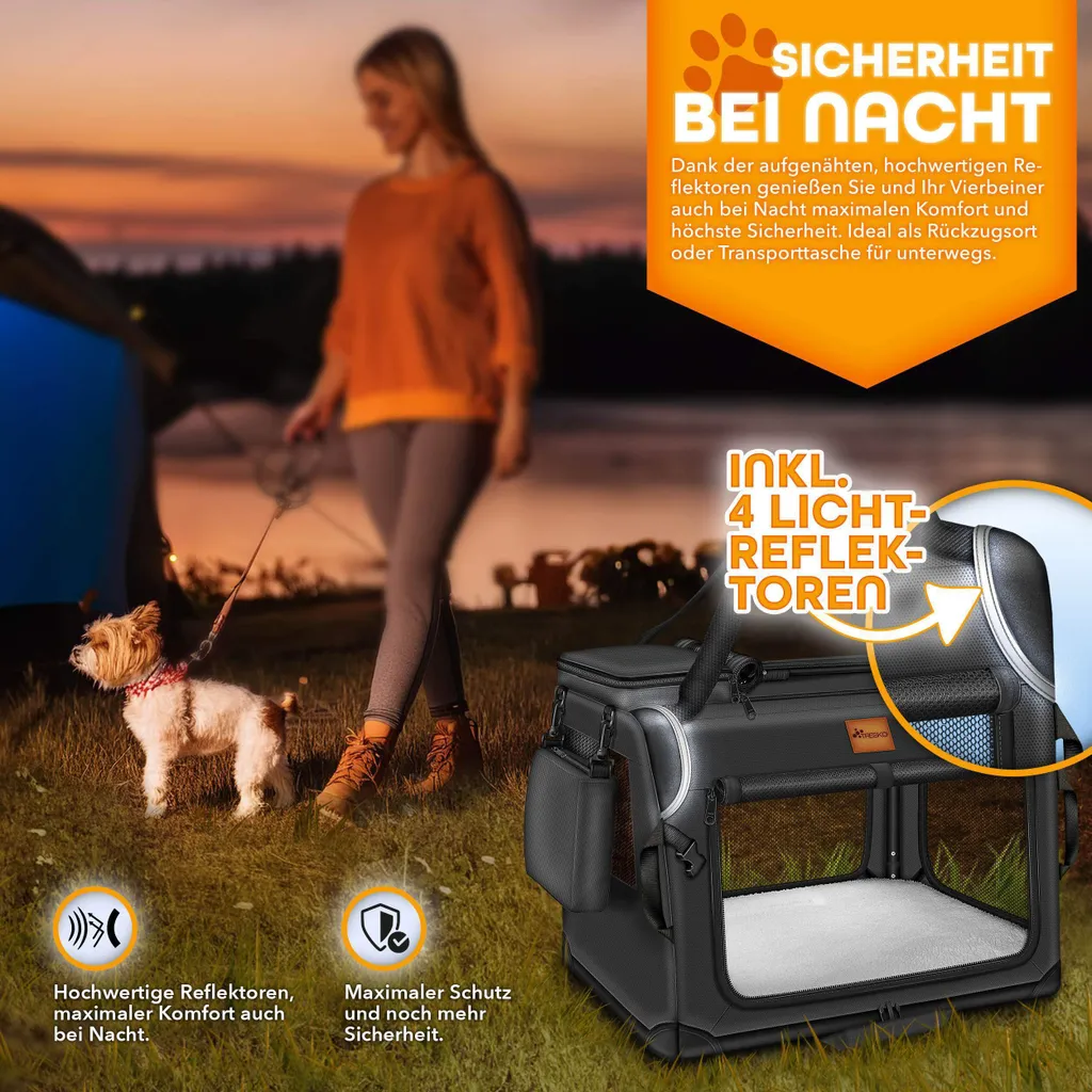 TRESKO® cassa per cani pieghevole nera (XXL 92x63x63cm) incl. tappetino per leccare, spatola e catarifrangenti | box di trasporto per cani e gatti | box di trasporto per cani di piccola e grande taglia | robusta borsa per cani - 8