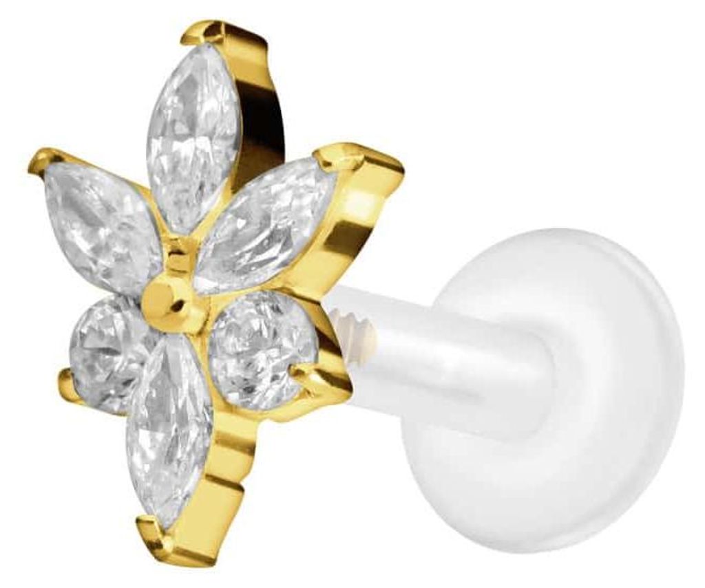 Ohrpiercing, Nasenpiercing PTFE Labret mit Innengewinde + Titan-Aufsatz KRISTALLBLUME Gold Stablänge: 7mm | Stabstärke: 1,6mm