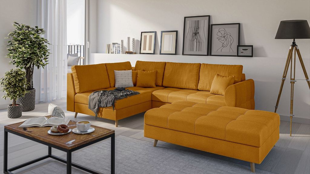 S-STYLE MÖBEL - Ecksofa und Fußhocker mit Holzfüßen im skandinavischen Stil Marco aus Gelb Luxusmicrofaser - Ottomane links - B/T/H:231 cm/161 ...