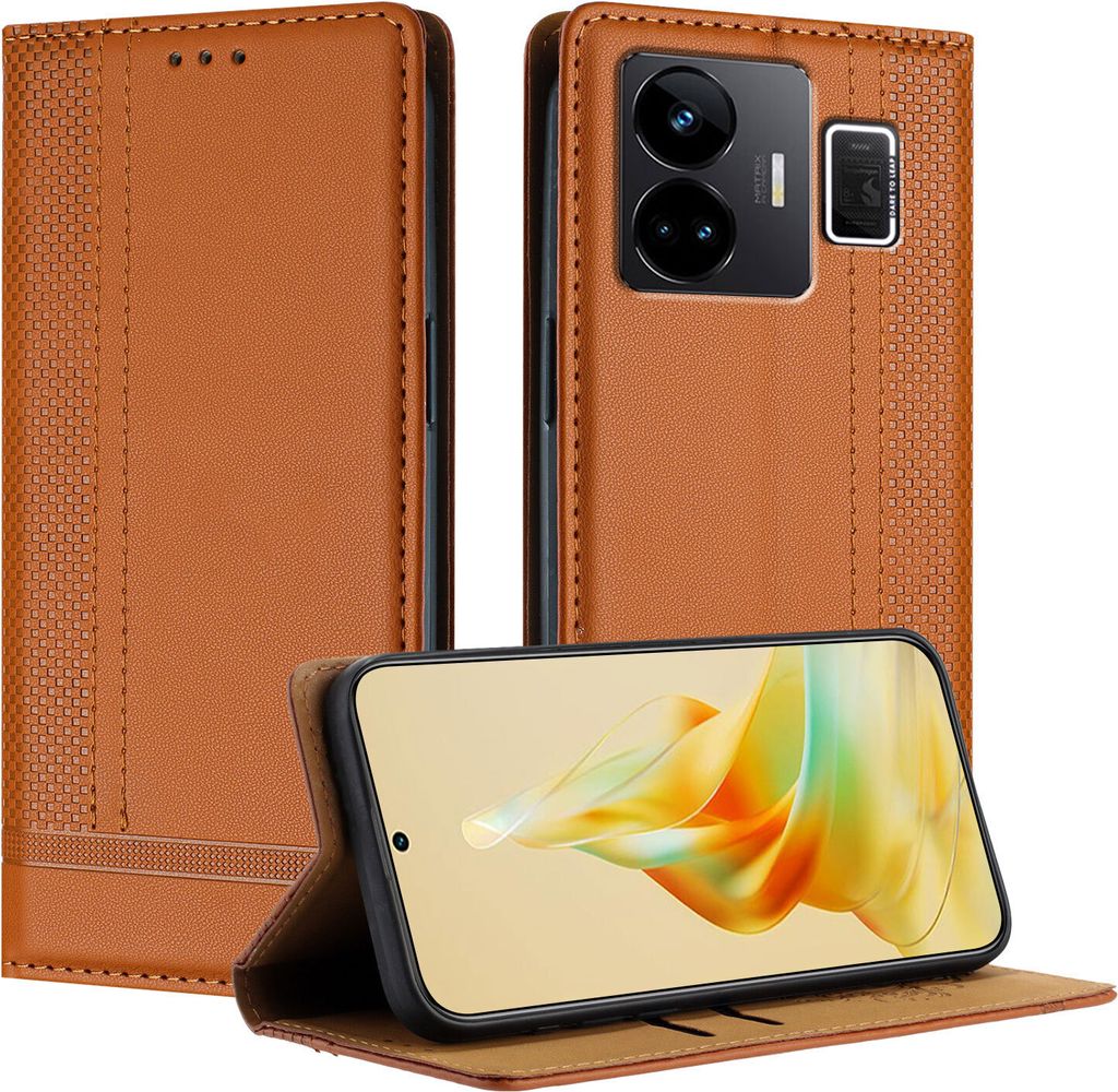 Handyhülle für Realme GT3 5G Leder Flip Klappbare Schutzhülle mit Standfunktion Braun