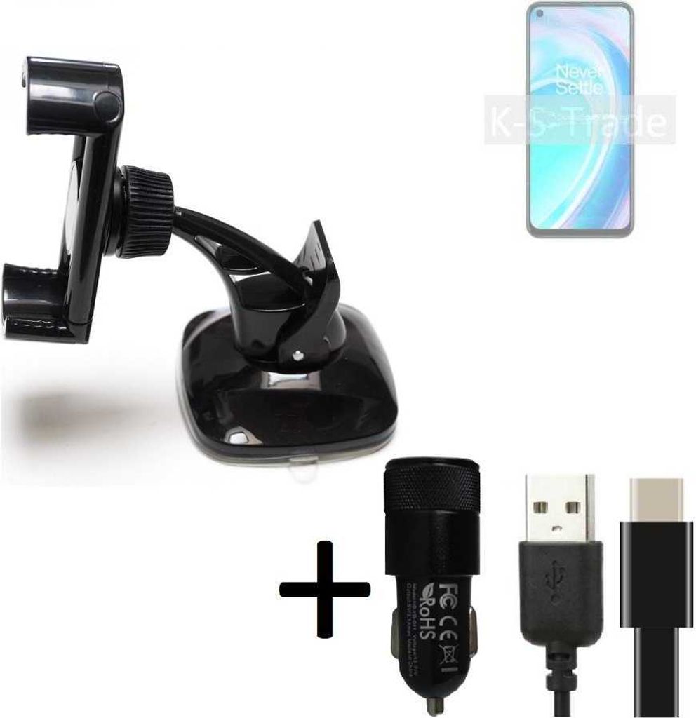 K-S-Trade Handy-Halterung kompatibel mit OnePlus Nord CE 2 Lite 5G Windschutzscheibe / Armaturenbrett + LADEGERÄT mit Mico USB Kabel Autohalterung