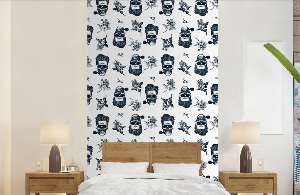MuchoWow Fototapete für Wohnzimmer oder Schlafzimmer Wandtapete Vinyl Motivtapete Muster - Totenkopf - Rosen - Piraten - Jungen - Kinder - Kinde...