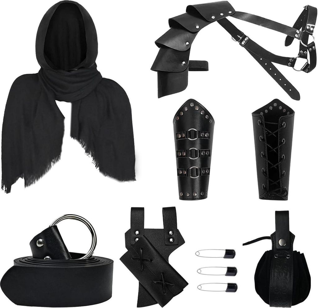 A collection of medieval-themed costume accessories laid out on a white background.