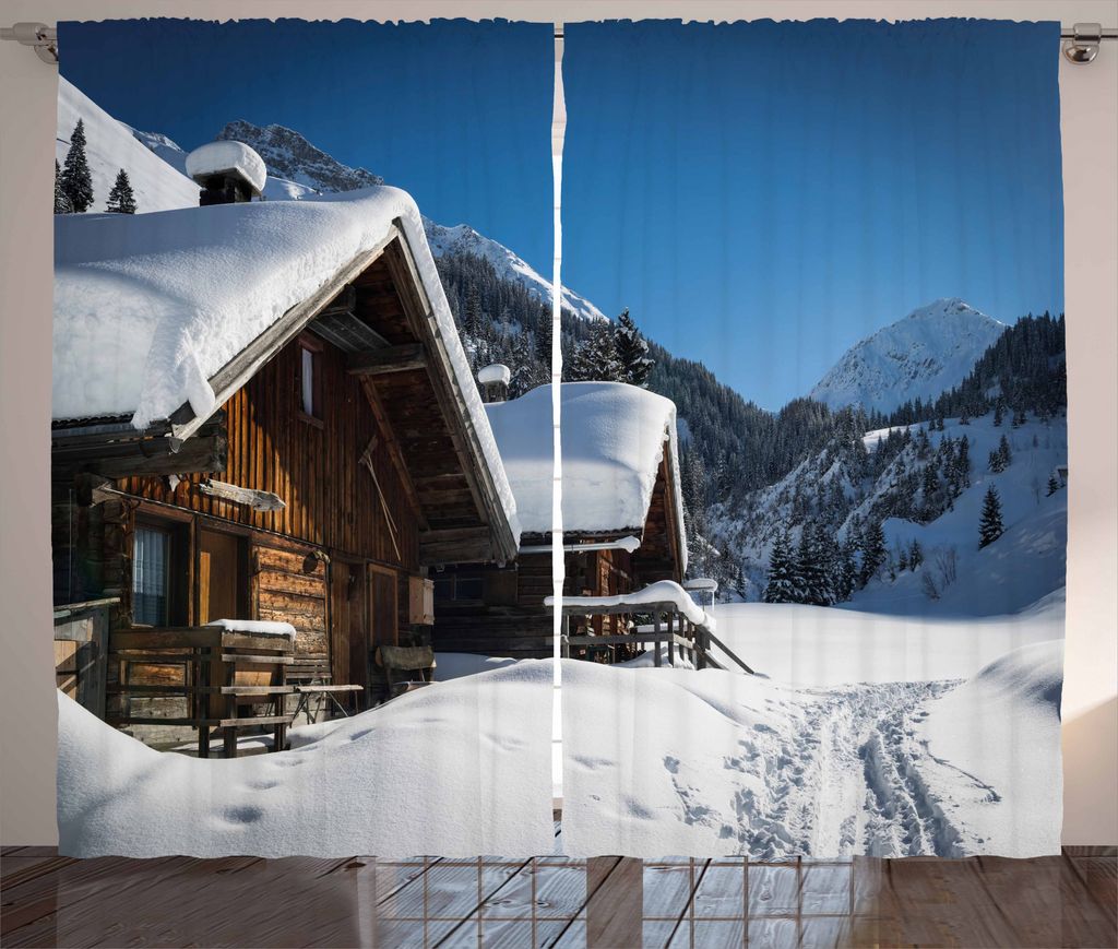 ABAKUHAUS Winter Rustikaler Gardine, Häuser Österreich Berge, Schlafzimmer Kräuselband Vorhang mit Schlaufen und Haken, 280 x 175 cm, Braun Blau...