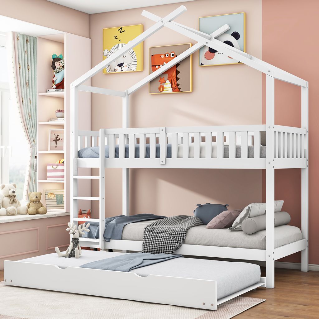 STILVORA Etagenbetten 90x200 Kinderbett mit drei Betten,Hausbett mit Ausziehbett,Jugendbett mit Rausfallschutz,Weiß (Ohne Matratze)