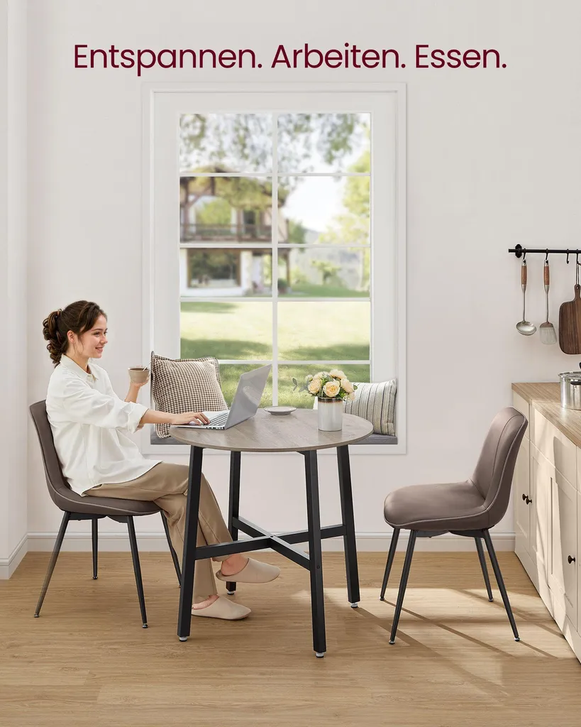 Table ronde compacte gris-beige mouchetée noir avec plateau résistant - 5