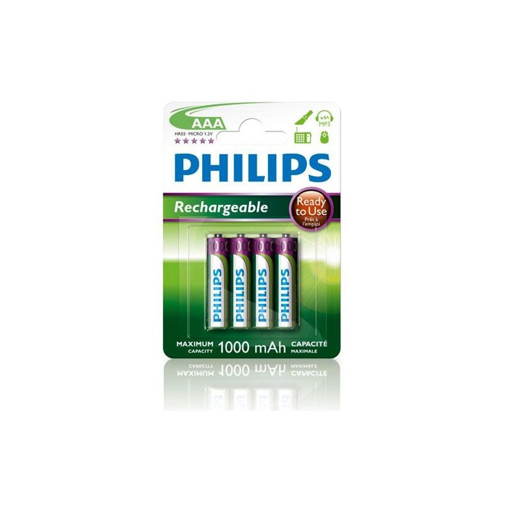 A package of four Philips AAA rechargeable batteries.