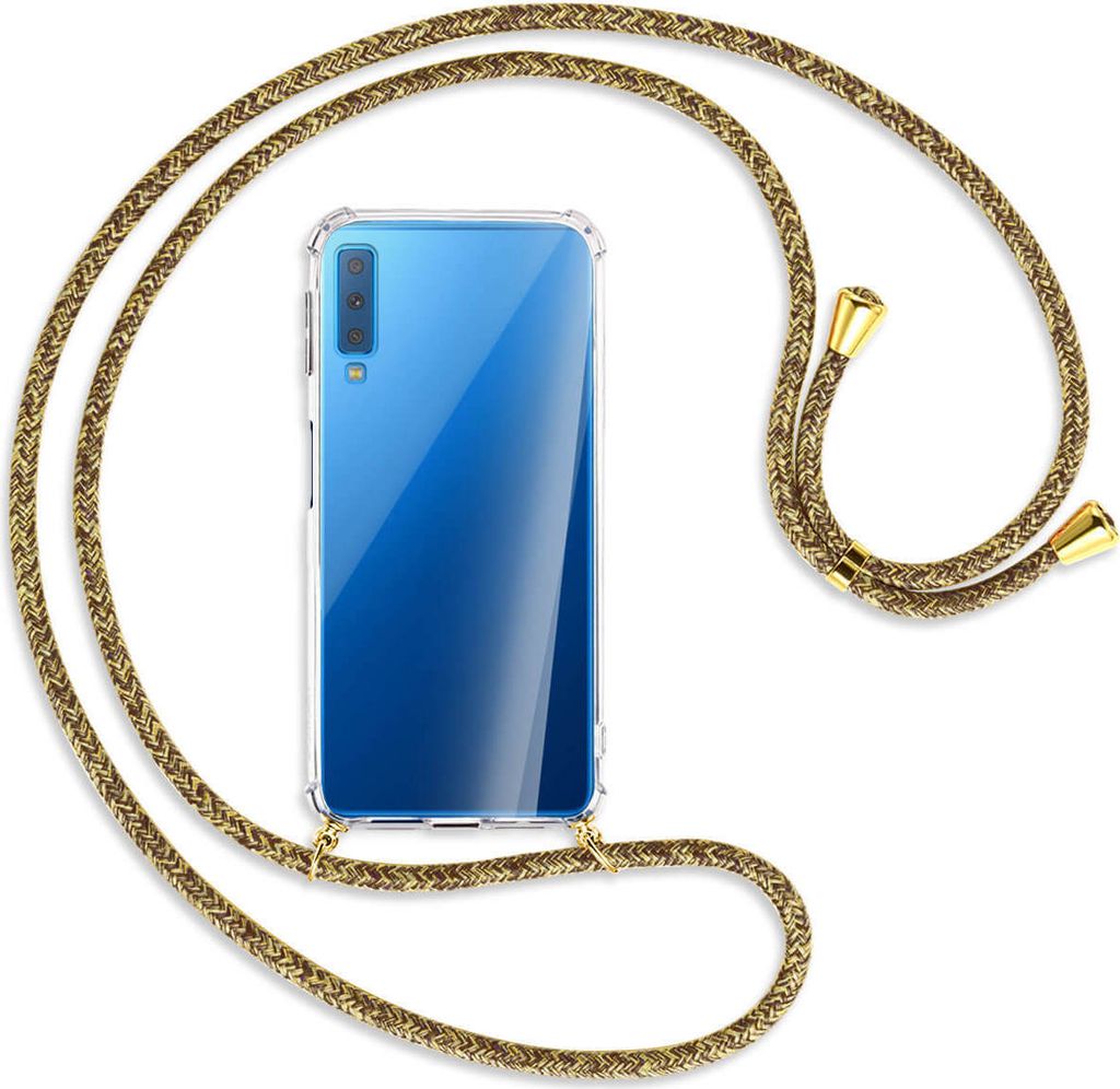 Handykette Backcover-Schutzhülle mit Band (Metall goldfarben) für Samsung Galaxy A7 2018 - braun+beige