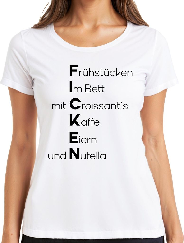 Frühstück im Bett mit Croissant Kaffee Schokocreme Lustig Spruch Damen T-Shirt, Weiß, 3XL
