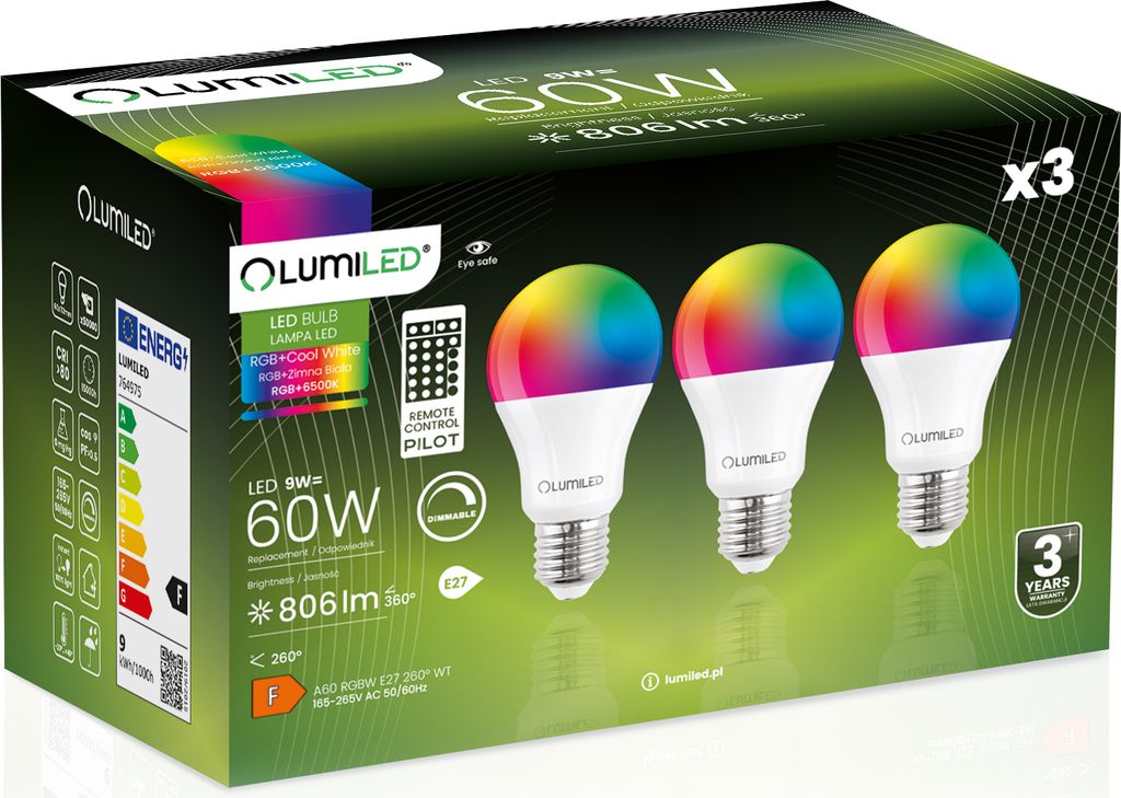 LUMILED sada 3 LED žárovek A60 E27, 9W (nahrazuje 60W), 806 Obrázek produktu 