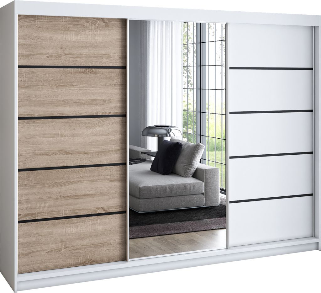Schwebetürenschrank 200 cm, 3-türig, mit Spiegel & 4 Schubladen, Retro-Stil, modern, in Weiß/Schwarz/Sonoma – Kleiderschrank Velturo 2