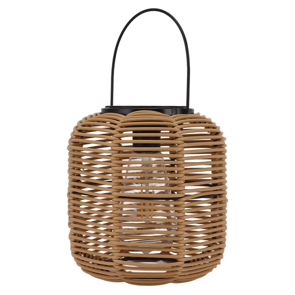 A rattan solar lantern with a black handle and a clear glass bulb inside, set against a white background.