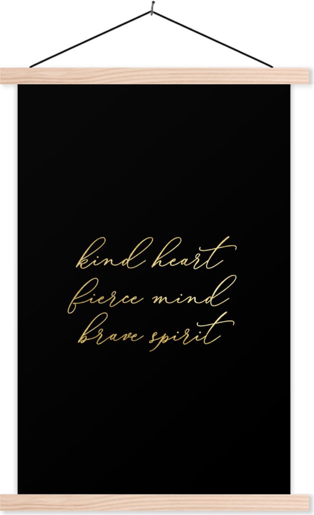MuchoWow Textilposter Zitat - Herz - Schwarz und Gold 120x180 cm mit holzfarbenen Rahmen - Textil-Plakat