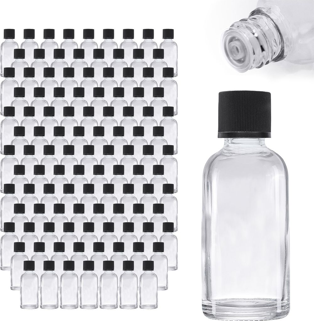 143 x 30ml Tröpfler-Flasche, Klarglas, schwarzer Deckel